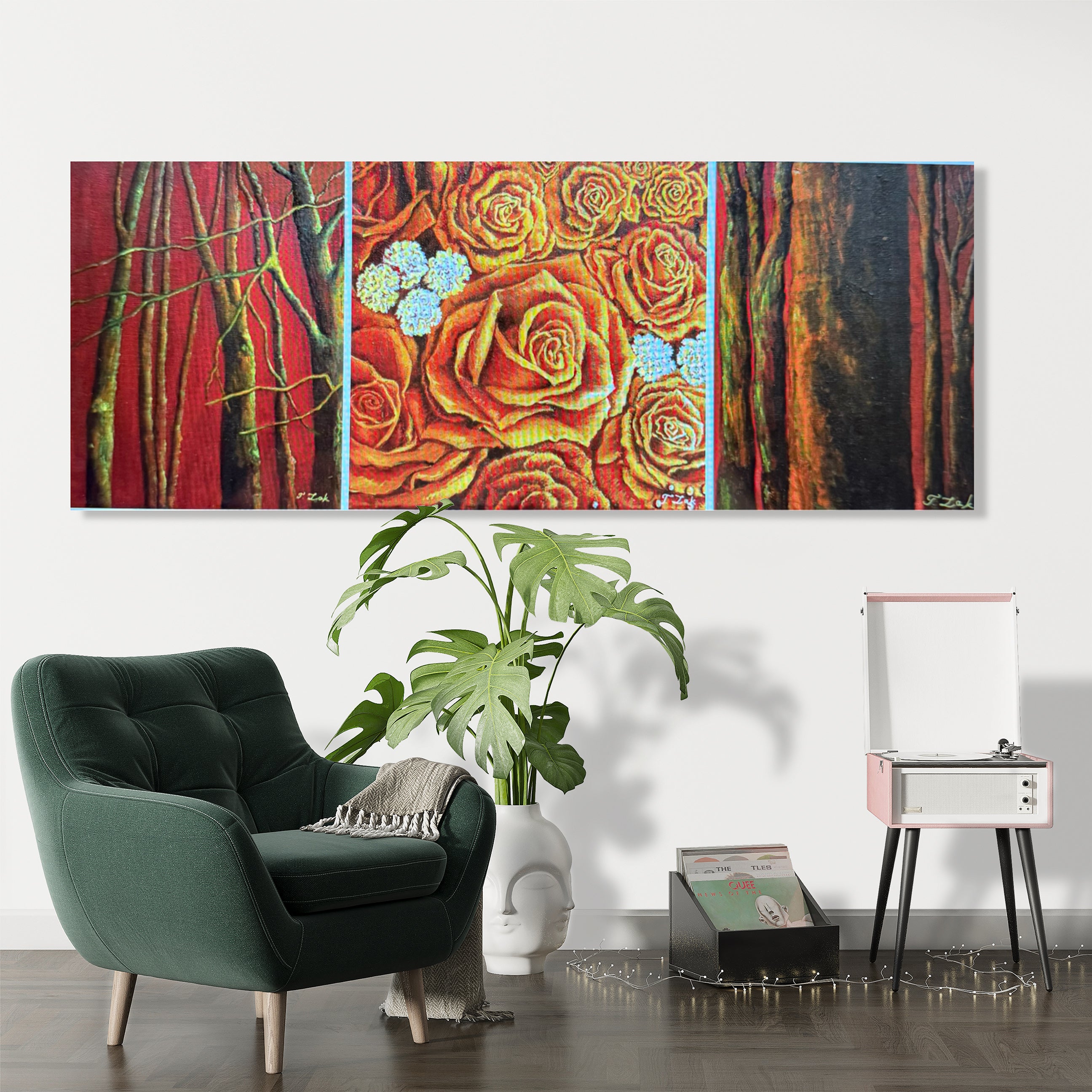 Set of 3 Canvases- Roses and Trees