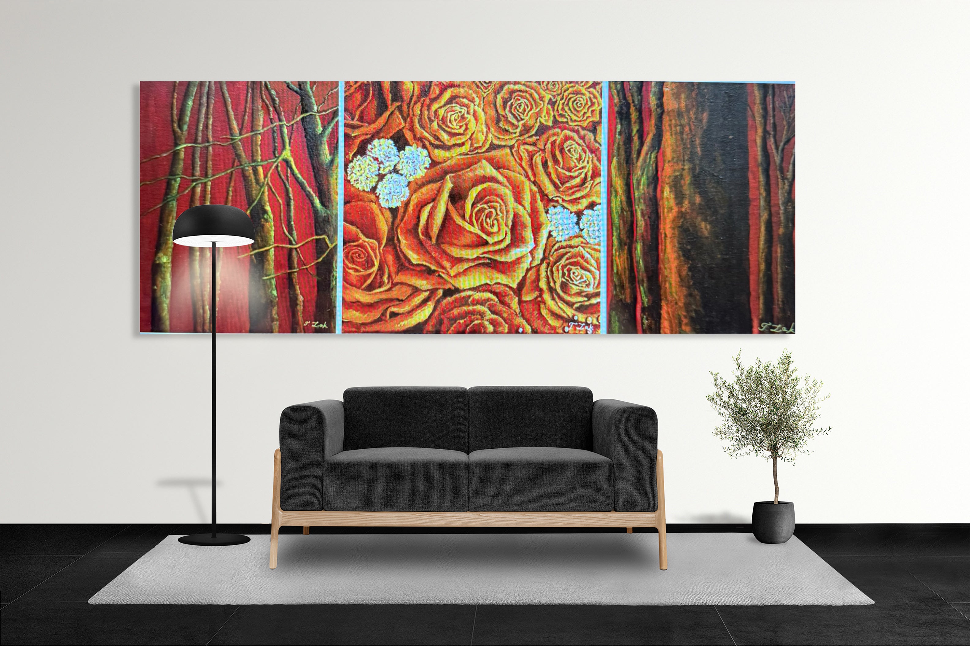 Set of 3 Canvases- Roses and Trees