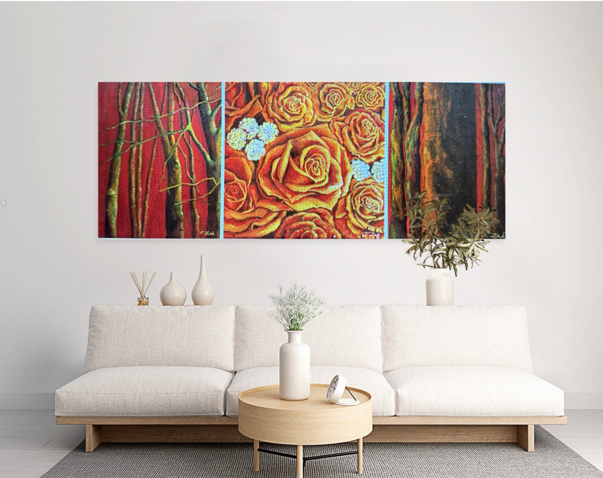 Set of 3 Canvases- Roses and Trees