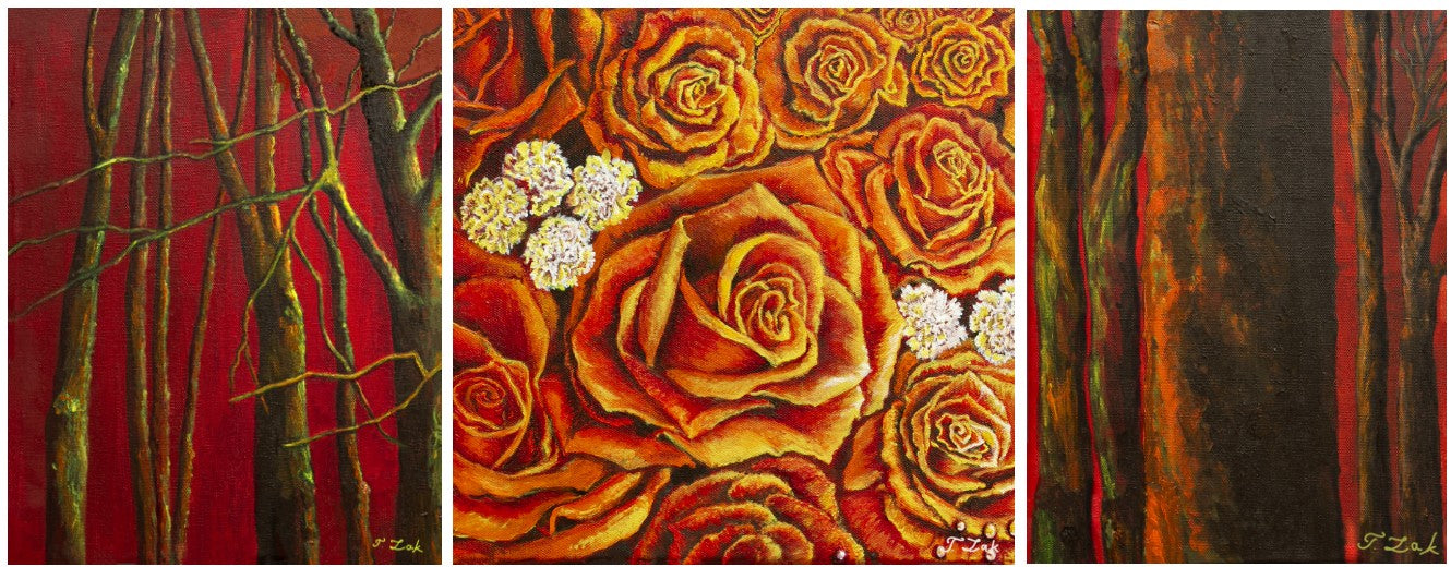 Set of 3 Canvases- Roses and Trees